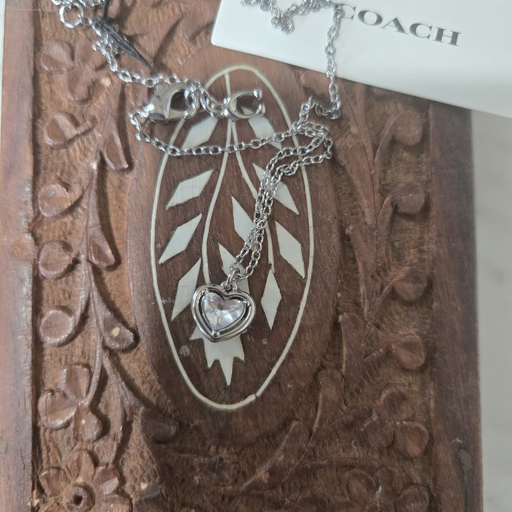 Coach Silver Heart Pendant Necklace - Clear Crystal Accent